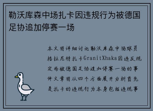 勒沃库森中场扎卡因违规行为被德国足协追加停赛一场